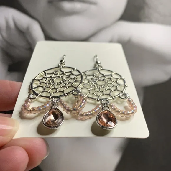 Pink Tear Drop Dangling From Dream Catcher Tibetan Boho Chandelier Style Earring - Picture 8 of 16